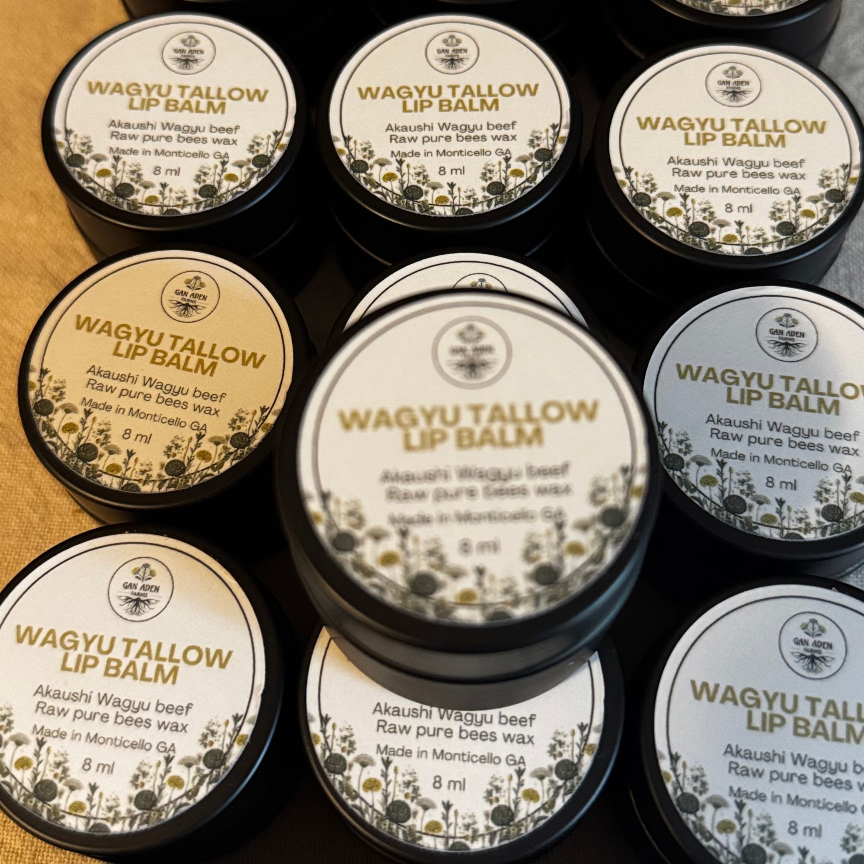 Multiple containers of Wagyu Tallow Lip Balm arranged on a surface.