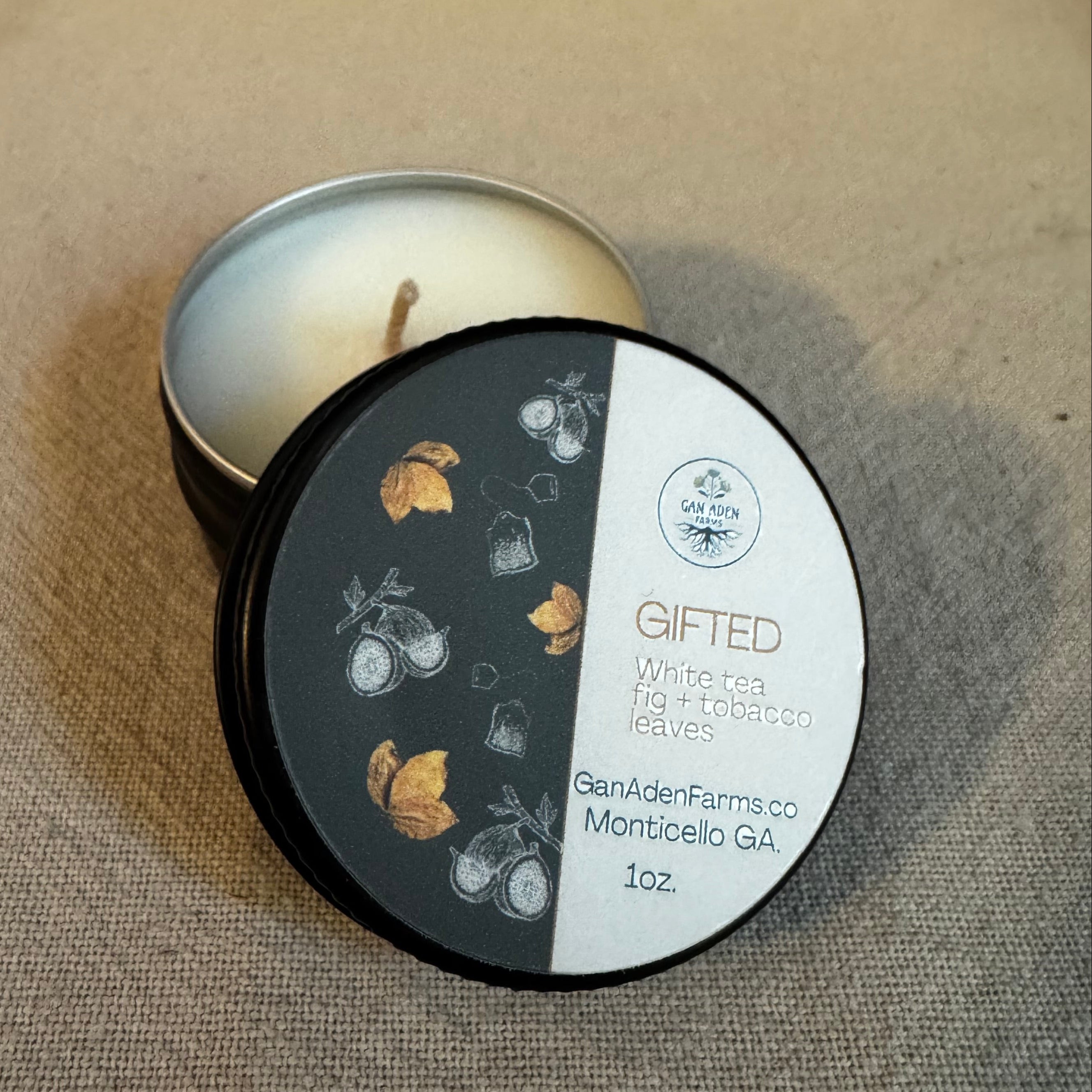 Gifted, tea, fig + tobacco leaf Tea Light Candle Tin