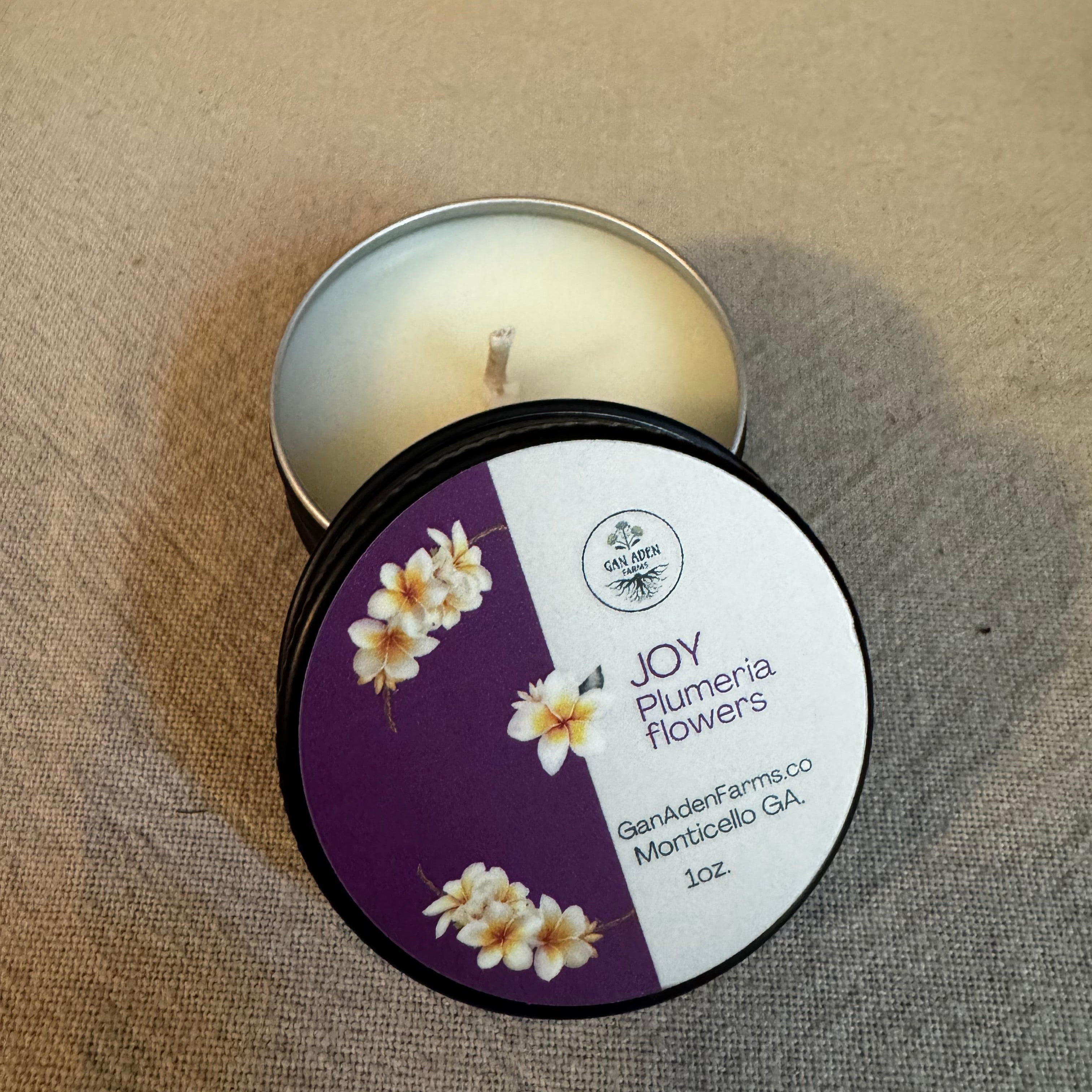 Joy, plumeria flowers, Tea Light Candle Tin