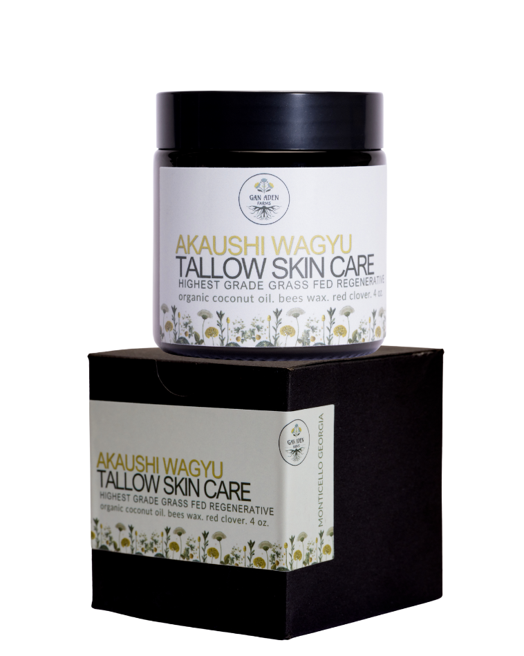 Akaushi Wagyu tallow skin care product with packaging on a white background